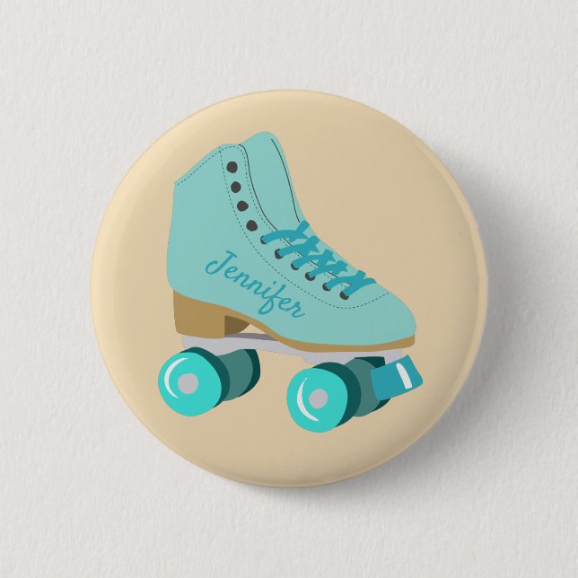 Teal Blue Retro Quad Roller Skate Personalized Button (Front)