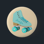Teal Blue Retro Quad Roller Skate Personalized Button<br><div class="desc">Show them how you roll! This custom pin or button features a realistic style illustration of a classic quad roller skate in teal. It's ready to be personalized with a name in coordinating script lettering on the side of the skate. The graphic is set against a light tan background. Makes...</div>