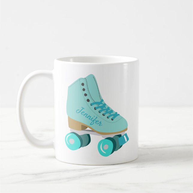 Teal Blue Retro Quad Roller Skate Personalized Coffee Mug (Left)