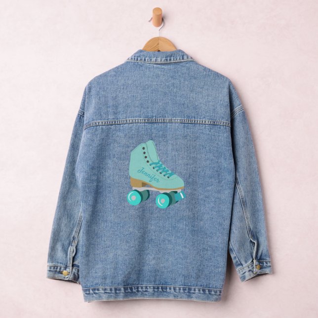 Teal Blue Retro Quad Roller Skate Personalized Denim Jacket (Hangar)