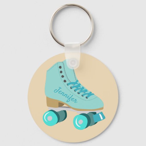 Teal Blue Retro Quad Roller Skate Personalized Keychain