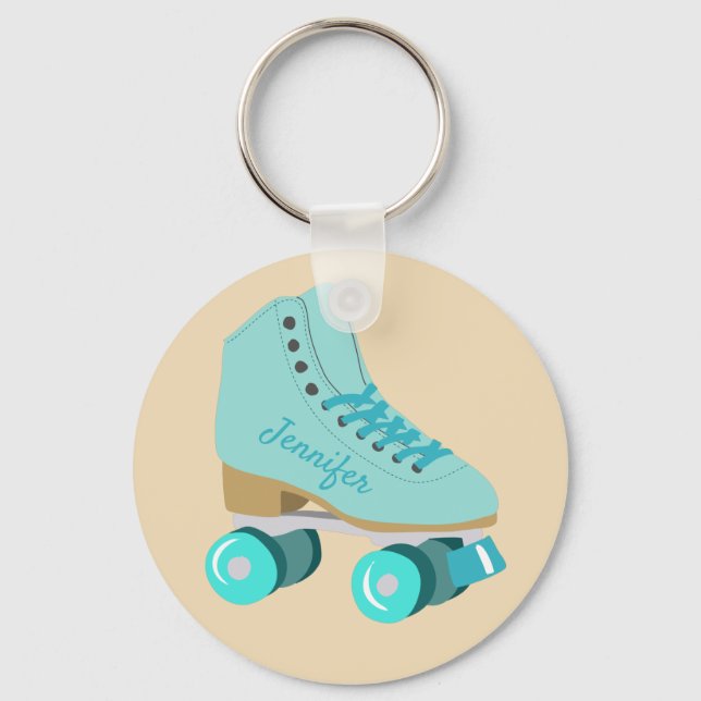 Teal Blue Retro Quad Roller Skate Personalized Keychain (Front)