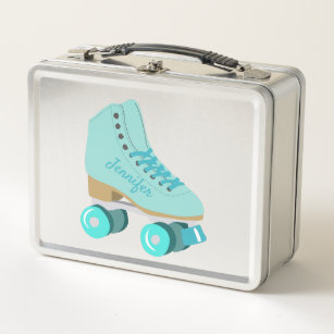 Teal Blue Retro Quad Roller Skate Personalized Metal Lunch Box