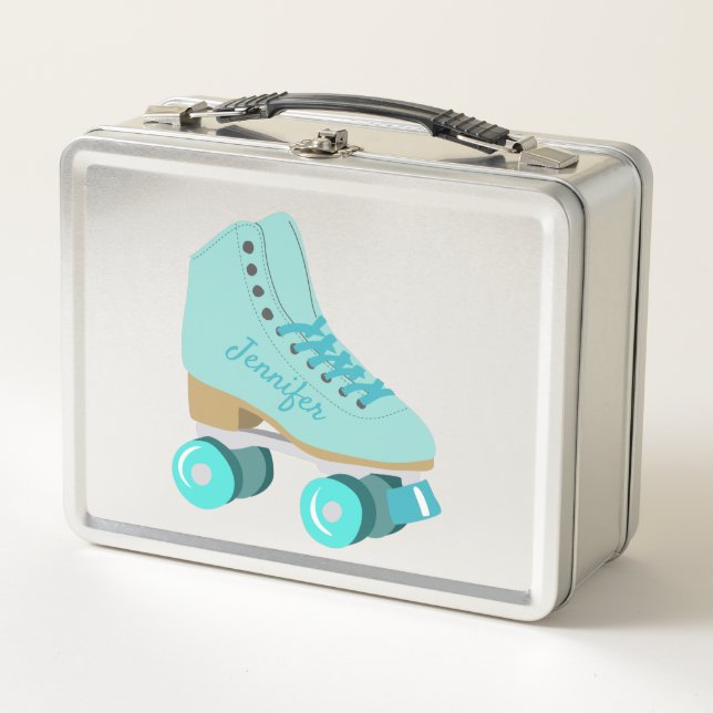 Teal Blue Retro Quad Roller Skate Personalized Metal Lunch Box (Front)