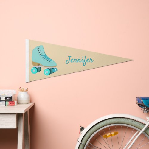 Teal Blue Retro Quad Roller Skate Personalized Pennant Flag