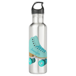 Teal Blue Retro Quad Roller Skate Personalized Stainless Steel Water Bottle
