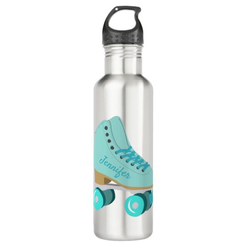 Teal Blue Retro Quad Roller Skate Personalized Stainless Steel Water Bottle