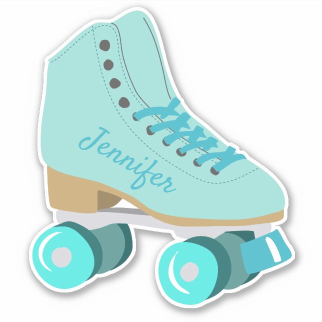 Teal Blue Retro Quad Roller Skate Personalized Sticker (Front)