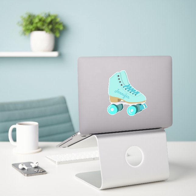 Teal Blue Retro Quad Roller Skate Personalized Sticker (Laptop On Desk)