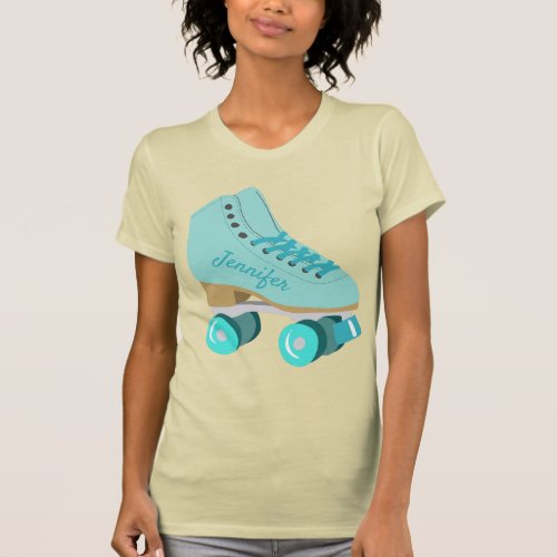 Teal Blue Retro Quad Roller Skate Personalized T_Shirt
