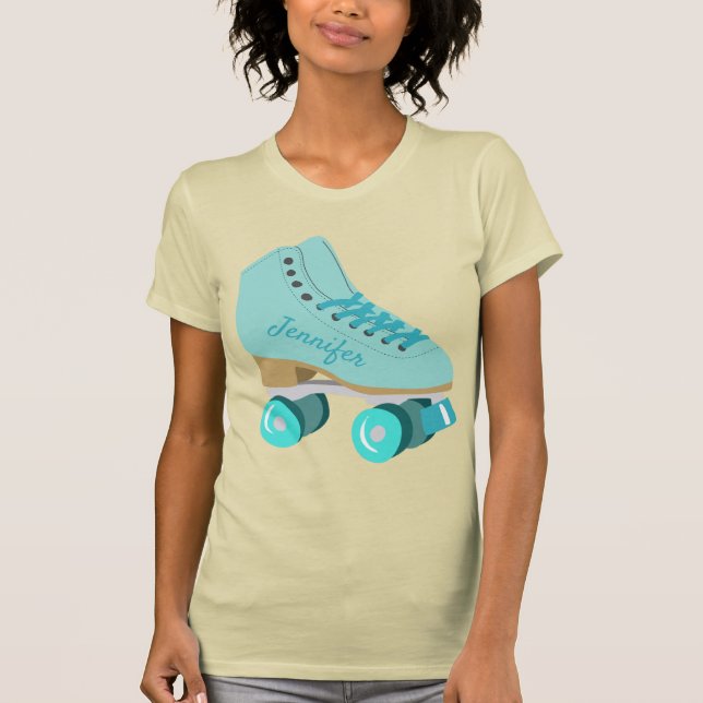 Teal Blue Retro Quad Roller Skate Personalized T-Shirt (Front)