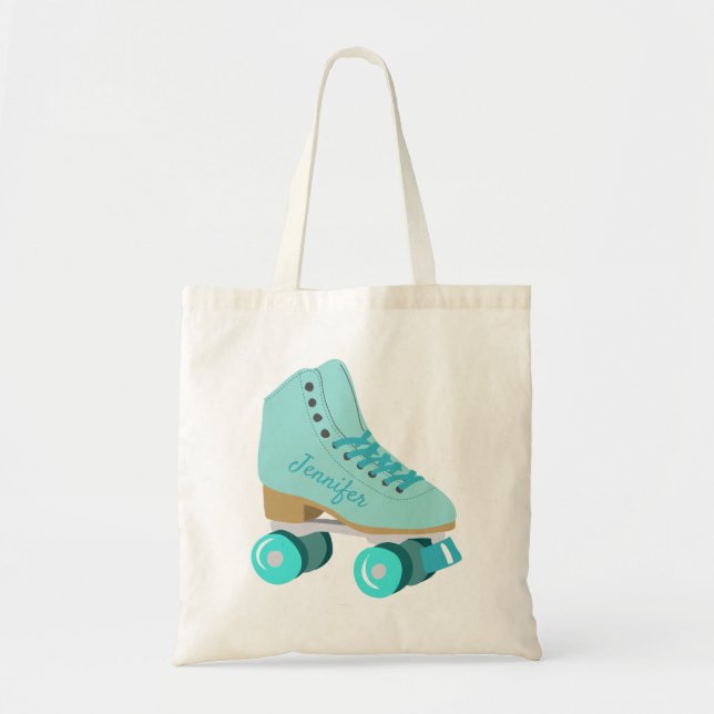Teal Blue Retro Quad Roller Skate Personalized Tote Bag (Front)