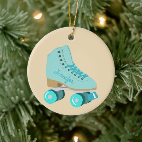 Teal Blue Retro Quad Roller Skate Photo Ceramic Ornament