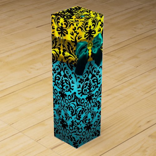 TEAL BLUE RIBBON BLACK GOLD ART NOUVEAU DAMASK WINE BOX