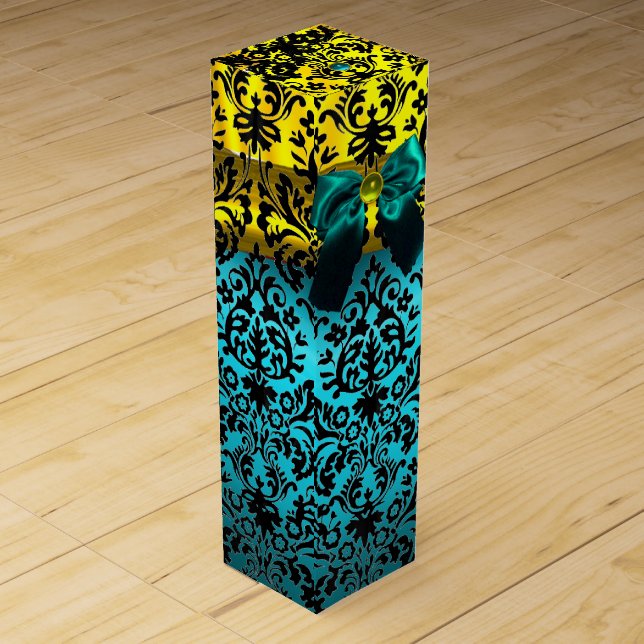 TEAL BLUE RIBBON, BLACK GOLD ART NOUVEAU DAMASK WINE BOX (Front)