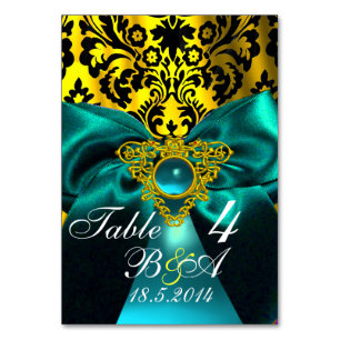 TEAL BLUE RIBBON GOLD CELTIC HEART DAMASK MONOGRAM TABLE NUMBER