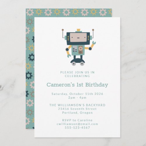 Teal Blue Robot Gears Simple 1st Birthday Invitation