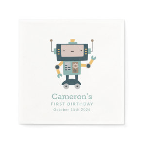 Teal Blue Robot Gears Simple 1st Birthday Napkins