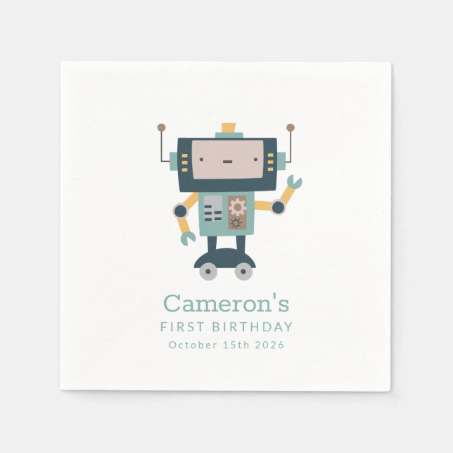 Teal Blue Robot Gears Simple 1st Birthday Napkins (Front)