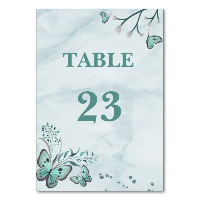 teal blue romantic butterflies leaves botanical table number (Front)