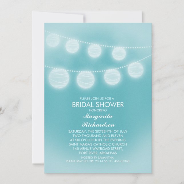 teal blue romantic lanterns bridal shower invitation (Front)