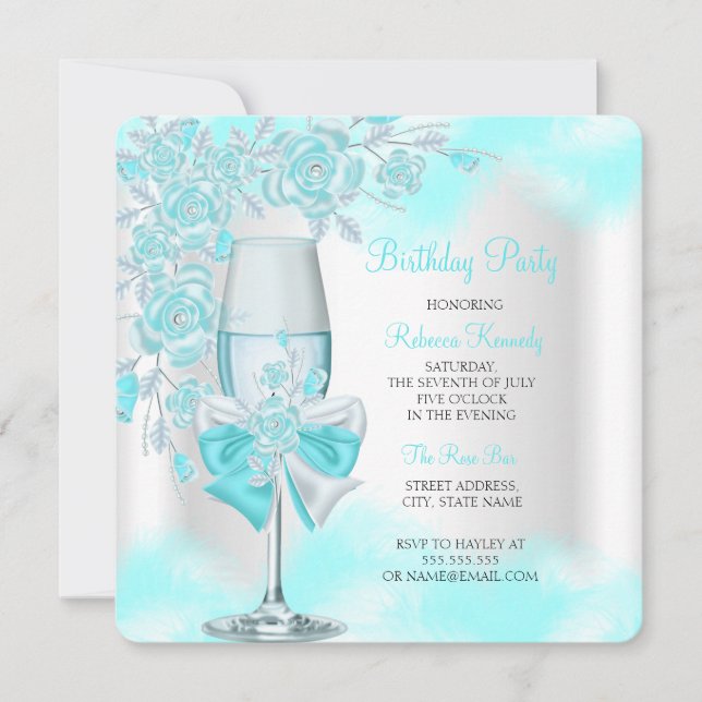 Teal Blue Rose Champagne White Floral Party Invitation (Front)