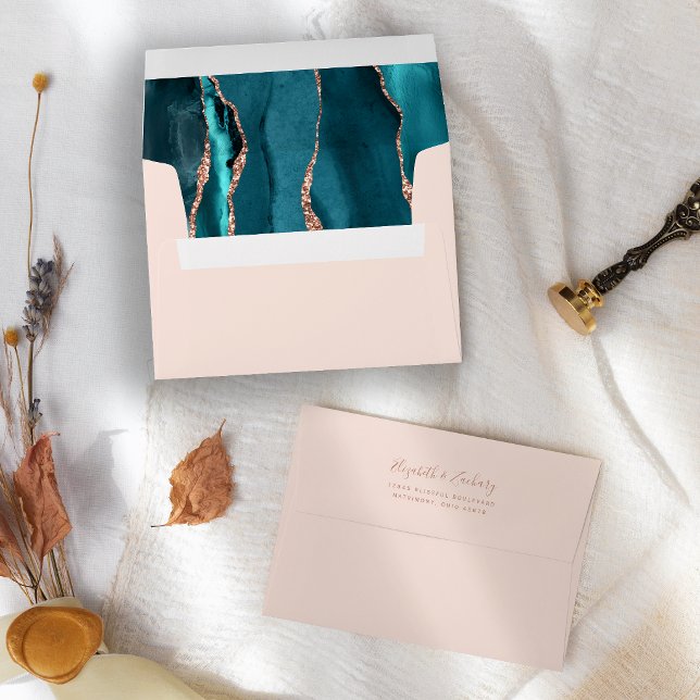 Teal Blue Rose Gold Agate Blush Wedding Envelope (Creator Uploaded)