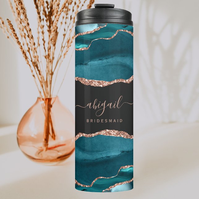 Teal Blue Rose Gold Agate Dark Bridesmaid Wedding Thermal Tumbler (Creator Uploaded)