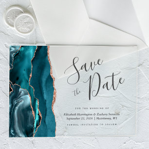 Teal Blue Rose Gold Agate Save the Date Card