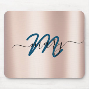 Teal. Blue Rose Minimal Name Monogram. Lux Mouse Pad