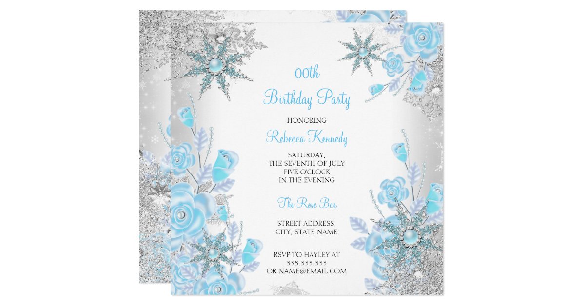 Teal Blue Rose Winter Wonderland Snowflakes Party Invitation