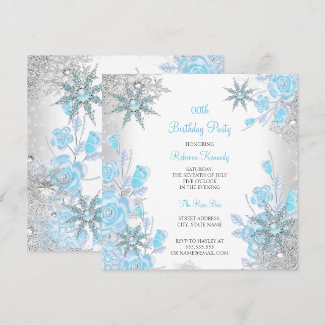 Teal Blue Rose Winter Wonderland Snowflakes Party Invitation (Front/Back)