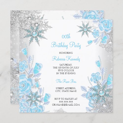 Teal Blue Rose Winter Wonderland Snowflakes Party Invitation