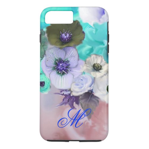 TEAL BLUE ROSES AND WHITE ANEMONE FLOWERS MONOGRAM iPhone 8 PLUS7 PLUS CASE