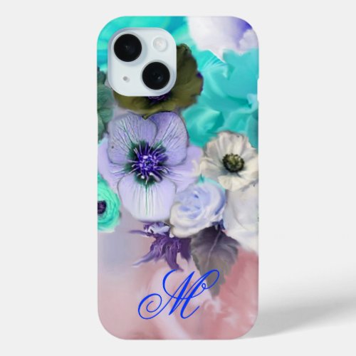 TEAL BLUE ROSES AND WHITE ANEMONE FLOWERS MONOGRAM iPhone 15 CASE