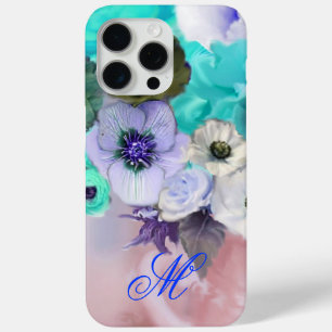 TEAL BLUE ROSES AND WHITE ANEMONE FLOWERS MONOGRAM iPhone 15 PRO MAX CASE