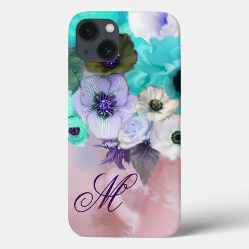 TEAL BLUE ROSESWHITE ANEMONE FLOWERS MONOGRAM iPhone 13 CASE