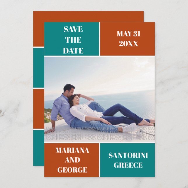 Teal blue, rust color block wedding Save the Date (Front/Back)