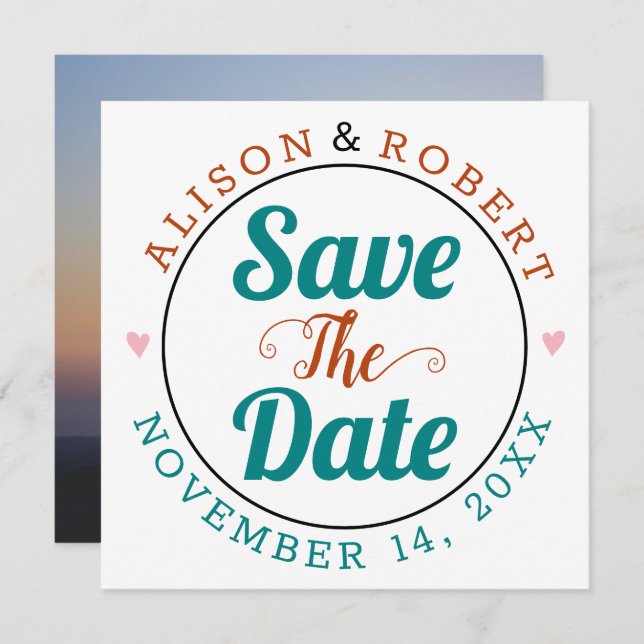 Teal blue, rust typography photo on the back save the date (Front/Back)