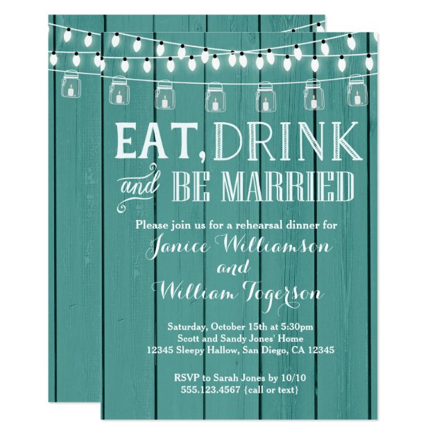 Teal Blue Rustic Wood Rehearsal Dinner Invitation