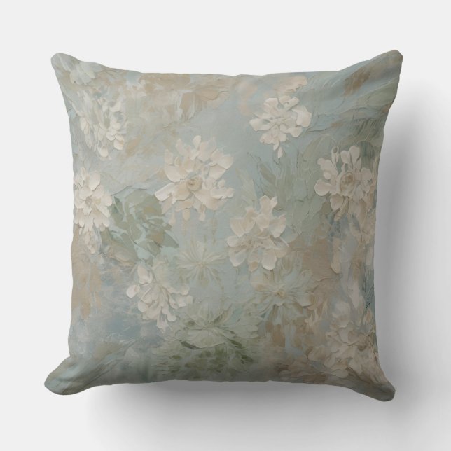 Teal Blue Sage Green Beige Floral Throw Pillow (Front)