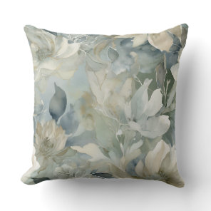 Teal Blue Sage Green Beige Watercolor Floral Throw Pillow