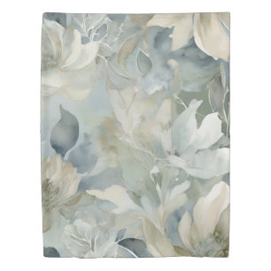 Teal Blue Sage Green Beige Watercolor Floral Twin Duvet Cover