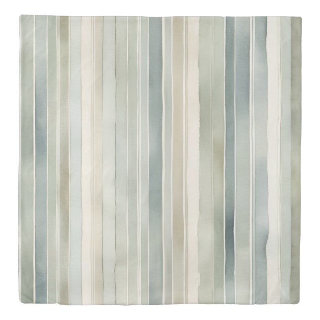 Teal Blue Sage Green Cream Distressed Stripe Queen Duvet Cover (Front)