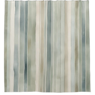 Teal Blue Sage Green Cream Distressed Stripe Shower Curtain