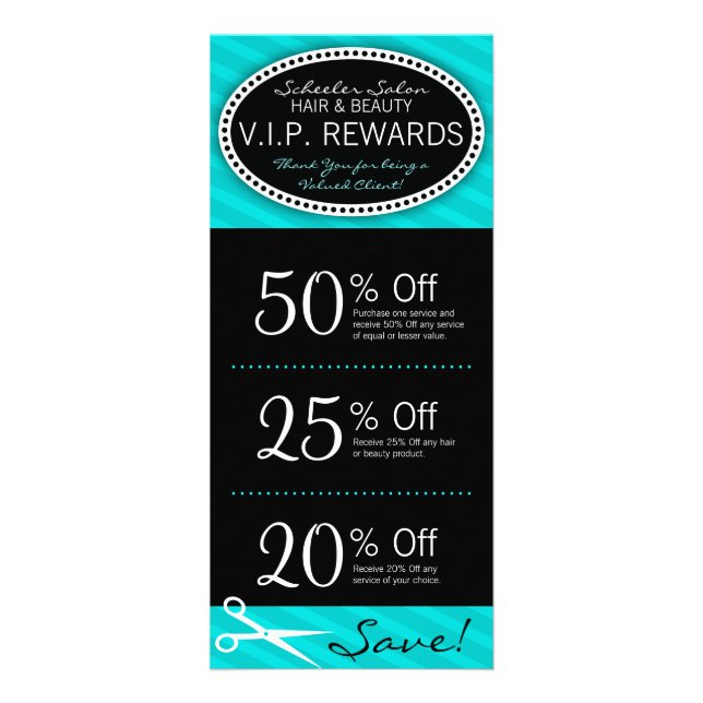 Teal Blue Salon Coupons Rack Card (Front)