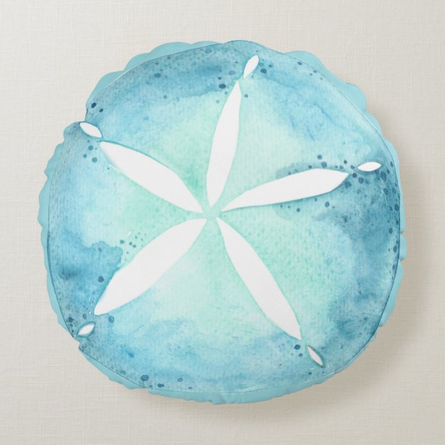 Teal Blue Sand Dollar Nautical Coastal Round Pillo Pillow (Front)