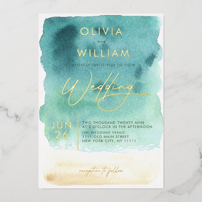 Teal Blue Sand Watercolor Wedding Foil Invitation (Front)