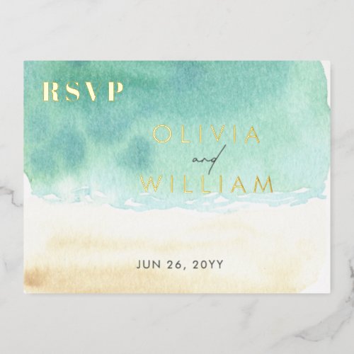 Teal Blue Sand Watercolor Wedding RSVP Postcard