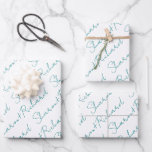 Teal blue script calligraphy names wedding wrapping paper sheets<br><div class="desc">Make your wedding extra special with our teal blue script calligraphy Wrapping Paper Sheets. You can personalize them with your names, and you have the option to adjust the text size if they take up more or less space than the default size. This will guarantee that your names will look...</div>